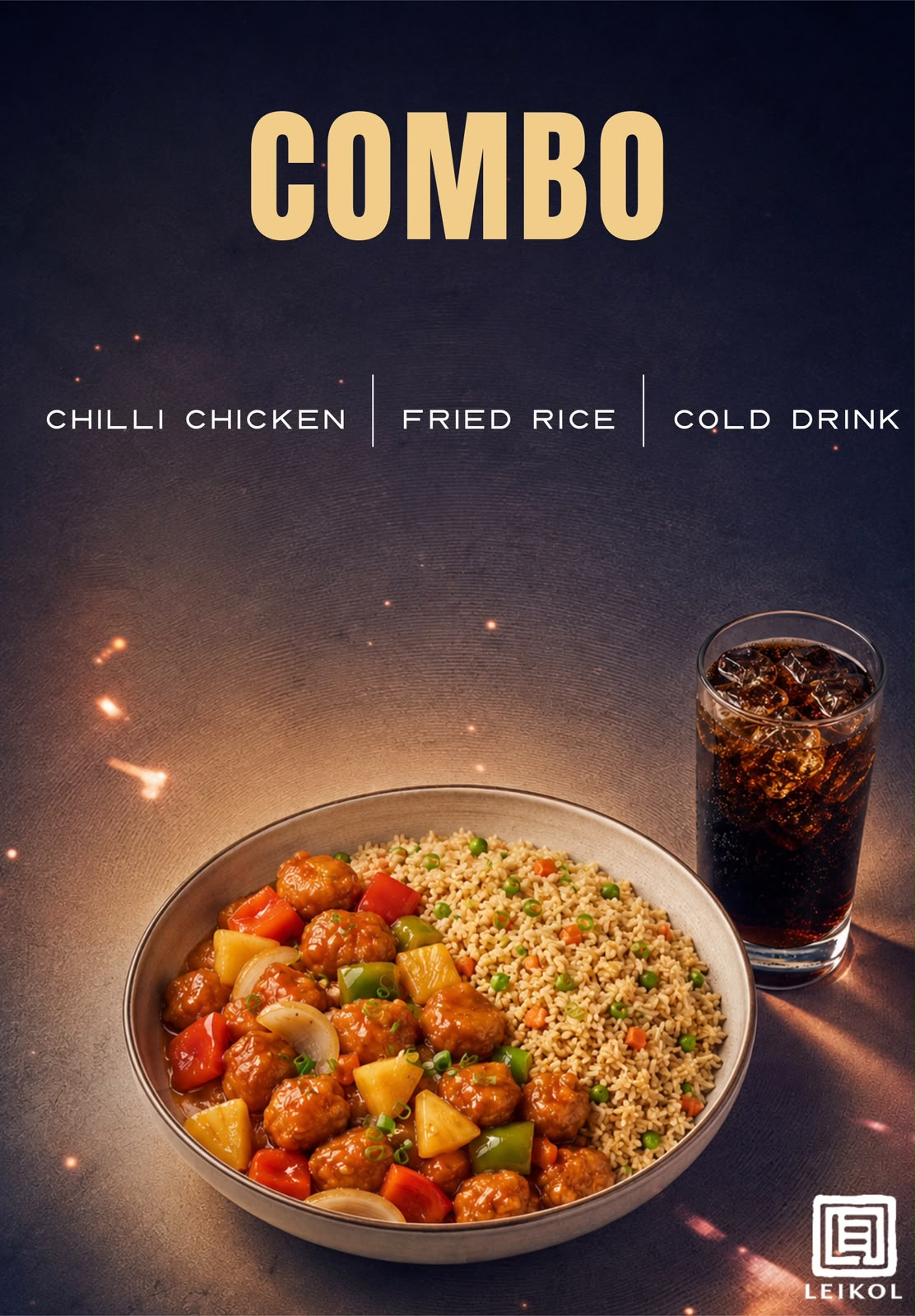Chilli chicken , fried rice cold drink