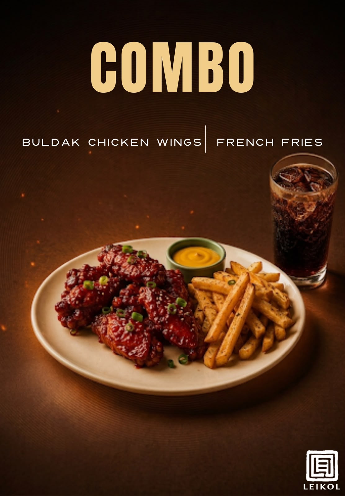 buldak chicken wings, fries